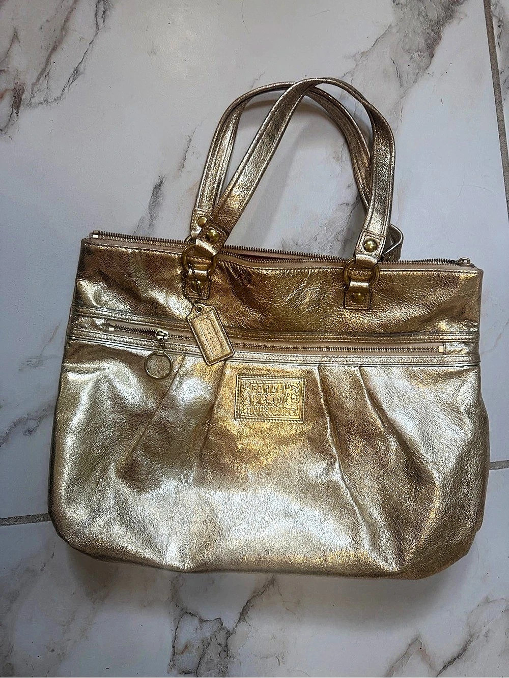 Coach Poppy Metallic Gold Leather Glam Tote Shoulder Bag